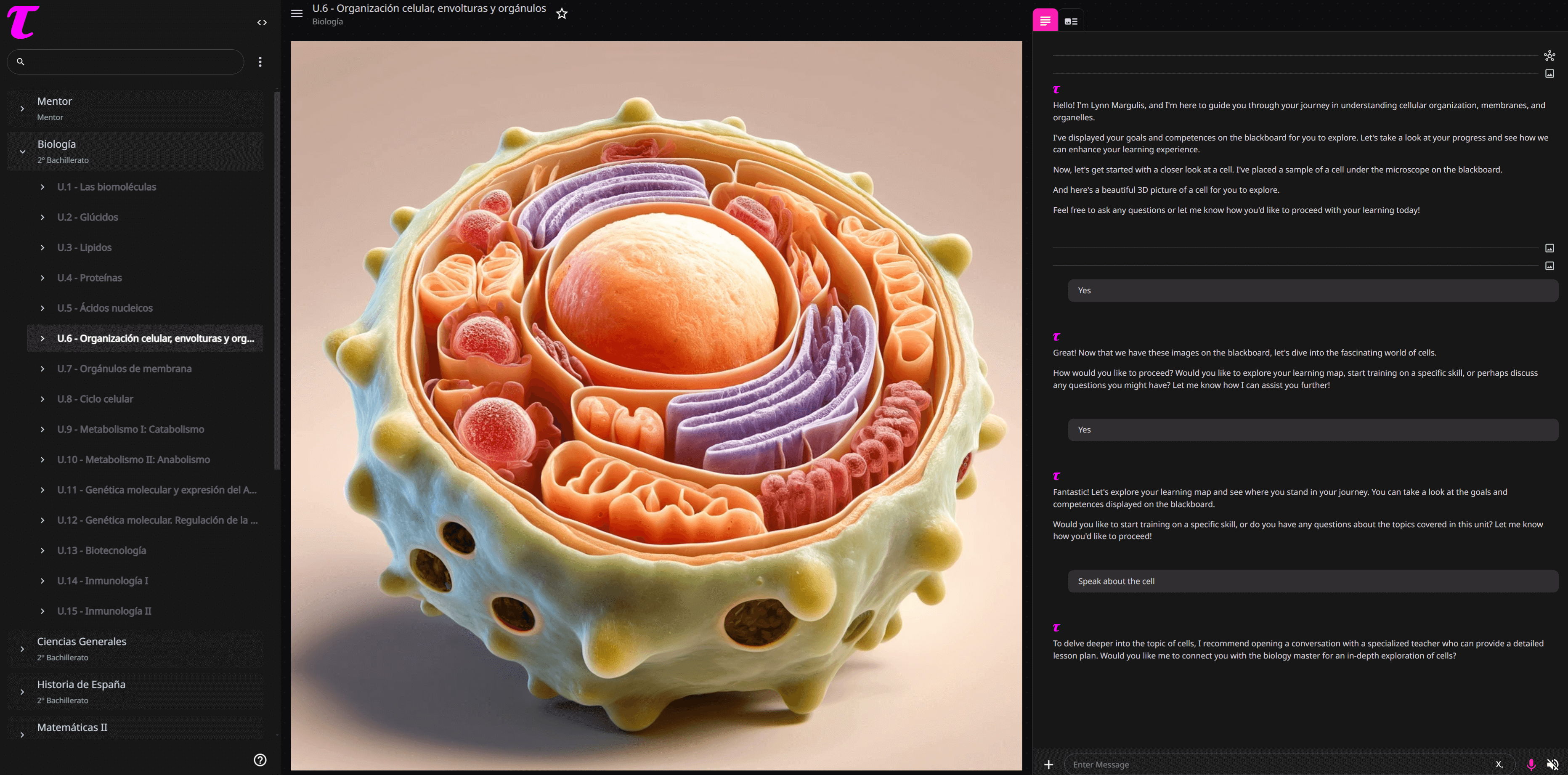 AI biology learning tool: interactive 3D cell model with explanations on cell structure and functions.