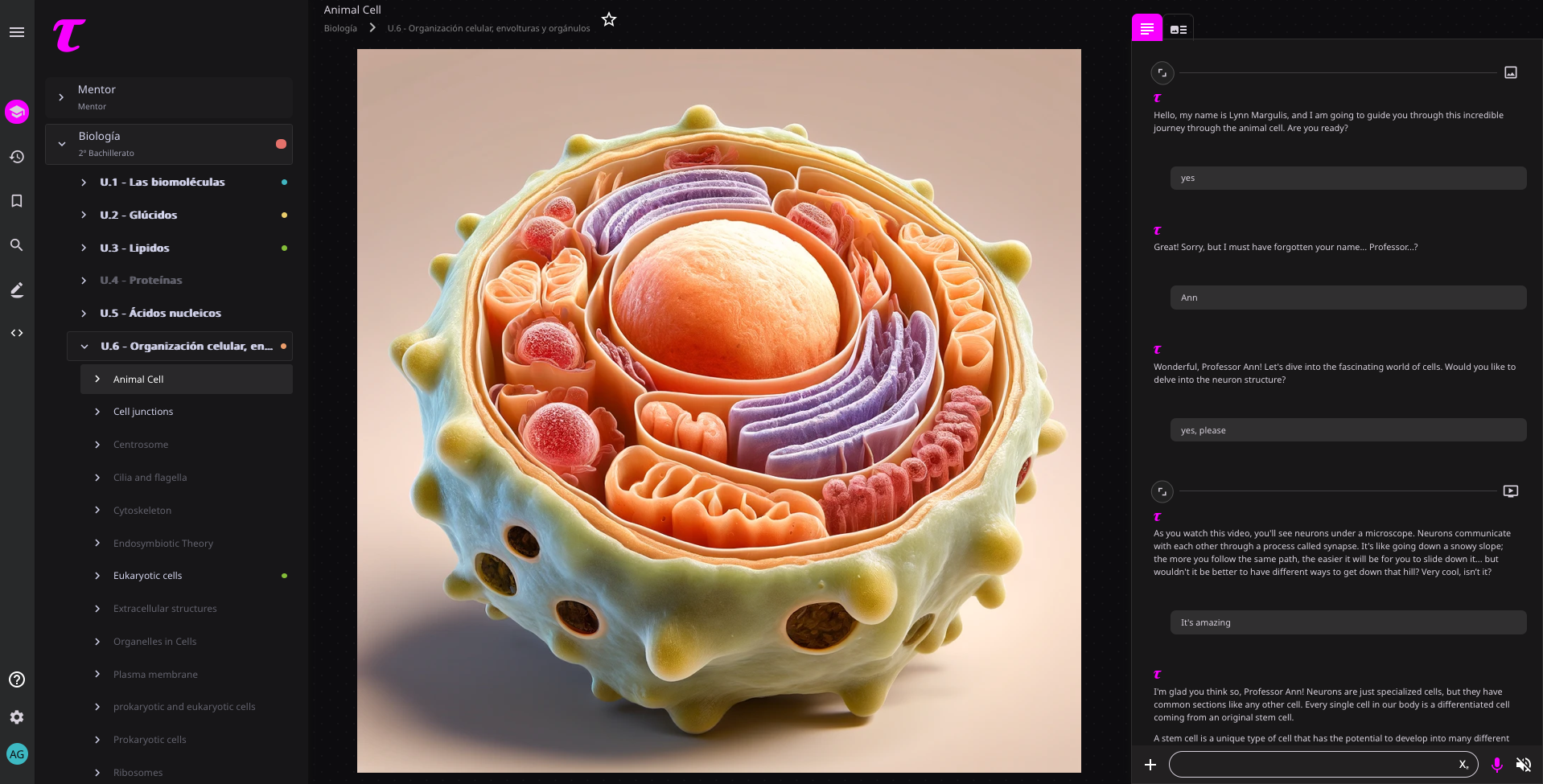 AI biology learning tool: interactive 3D cell model with explanations on cell structure and functions.